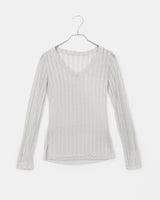 Tohe cubic ribbed bone V-neck See-Through Long-Sleeved T-shirt