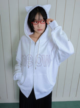 MEOW CAT EAR HOODIE ZIP UP - WHITE