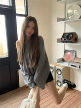 Boxy loose fit unbalanced shoulder long-sleeve T-shirt