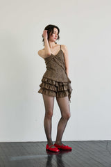 レオパードフリルスリーブレストップ / ブラウン