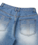 Cross Stud Denim Bermuda Pants - Light Blue