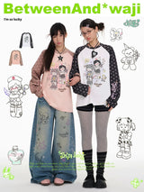 BETWEENAND spring waji joint illustration printing star raglan sleeves long sleeve shirt loose round neck T-shirt