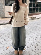 Lip Neck Knit Punching Loose Knit (7color)