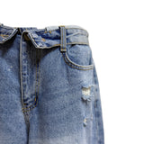 Fold-Over Distressed Wide Denim Pants