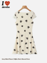 Ivory Black フラワーシフォン半袖ワンピース