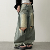 Andy Knee Damage Cutting Deep Washed Denim Wide Pants