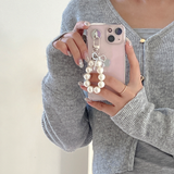 [handmade] silver ribbon pearl keyring (white)