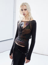Emoha balloon portrait sub-print Tencel slightly transparent spicy slim top y2k design sense splicing 長袖メッシュT