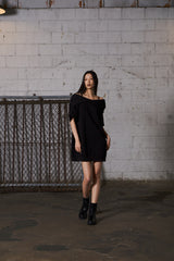 2Way Big Hood Off-Shoulder Mini Dress - Black