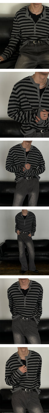 [S/S] ヘンリーネックストライプニットスリーブ(2color)