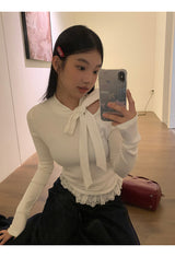 half turtleneck strap lace frill long-sleeve t-shirt