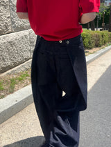 タックオン バックボタンワイドフィットセルビッチデニムロングパンツ (2 colors)