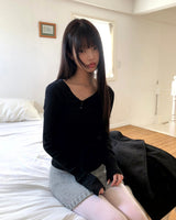 Regen アシンメトリーボタン Vネック リブニット