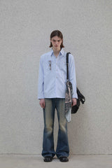 Lettering sleeve striped shirt - Blue