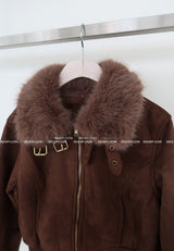 Fur collar high neck slim fit short suede coat