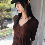 Pamil Vintage V-neck Button Pleated 3/4 Short Sleeve T-Shirt