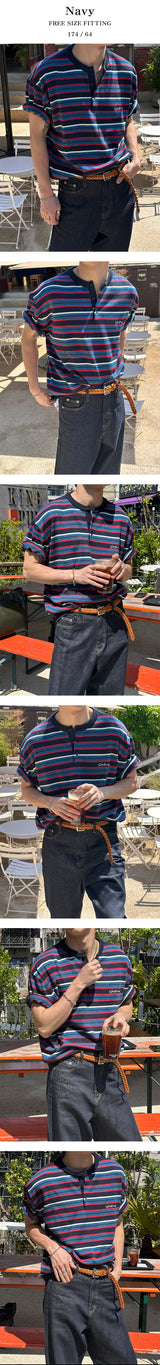 [S/S] マルチストライプヘンリーネックハーフニット(3color)