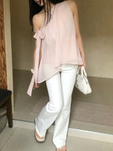 Lovie Unbal One-Shoulder Ribbon Chiffon Blouse