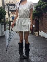 Poly Lace Ribbon Short Sleeve Blouse One Piece