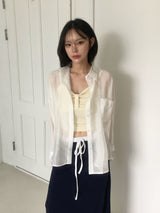 Apple Heart-Neck Ribbon-Ruched Sleeveless Top (6c)