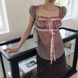 チャッシュジャガードサテンシースルーシャーリングリボンキャップスリーブブラウス