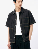Oversized Pocket Short-Sleeve Denim Shirt Black