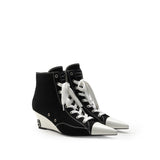Colorful Bridge | Designer High-Top Lace-Up Canvas Shoes with Pointed Wedge Black Ankle Boots for Women