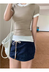Navy drawstring terry mini skirt