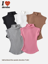 ハーフタートルネックラインスパンデックスノースリーブTシャツ