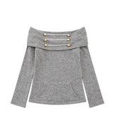 Gold Button Off-Shoulder Knit Top