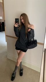 Unbalanced Off-Shoulder Stripe Long Sleeve T-Shirt