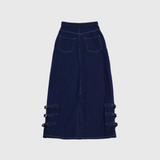 belt long denim skirt