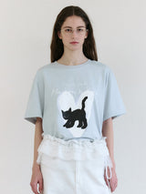 ハートキャットフレンズルーズフィットTシャツ スカイ