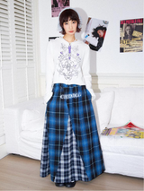 Irregular hemline design printed double-checkered pattern patchwork loose long half skirt