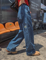 リッチダブルニーパッチストレートデニム