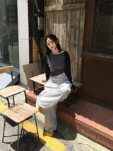 シースルー スリム オフショルダー ラグラン Tシャツ (3色)