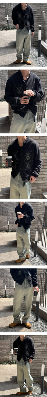 [Unisex] アーガイルパターンハーフネックカーディガン(2color)