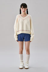 Heart Needle V-neck Knit [Ivory]