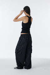 SATIN WIDE CARGO PANTS	(BLACK)