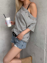 Eyelet off-shoulder t-shirts(3color)