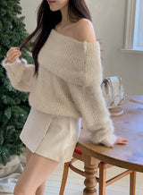 Fine Boucle Off Shoulder Loose Knit (5color)