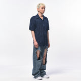 CRINKLE LINEN HALF SHIRTS NAVY
