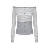Off-Shoulder Button-Up Stripe Knit 232514000