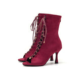 Suede Cross-Ring Open Toe Heel(Red)