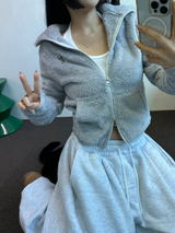 SHEEP FUR FLEECE CROPPED HALF POLO NECK ZIP UP 🧸🩶🤍🖤🩵4COLOR
