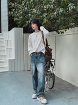 Drain embossed washed balloon denim pants
