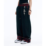 Roll-Up Check Sweat Pants - Black