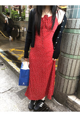 レッドハートドットロングスリーブレスドレス