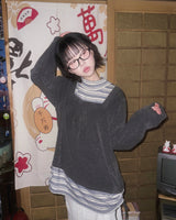 (2color) シャーリングストライプレイヤードハーフネックニット