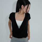 [Azner] ディープVネック ラップ キャップスリーブ Tシャツ 3カラー